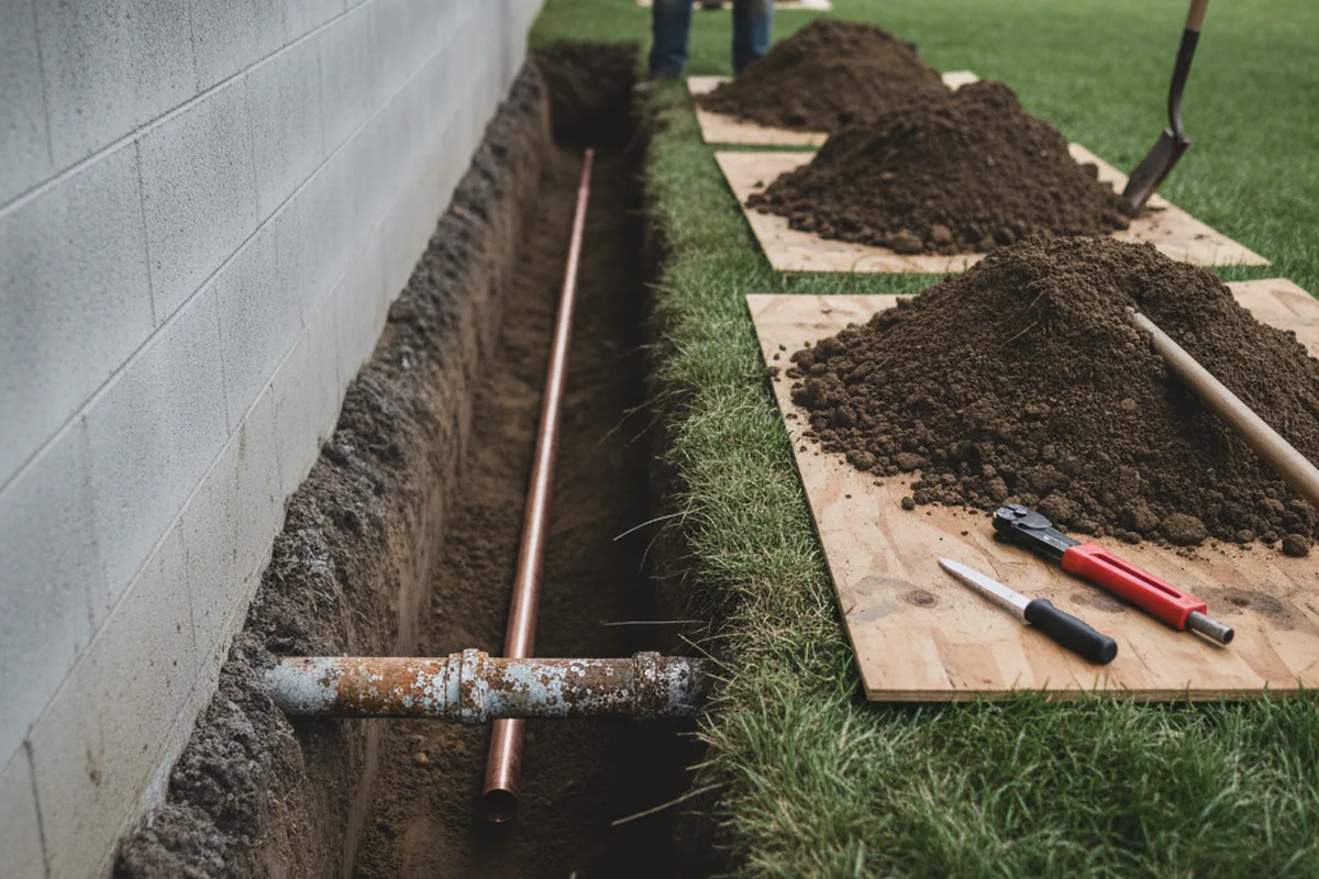 Excavated water line trench during Sewer Line Repair in Branch